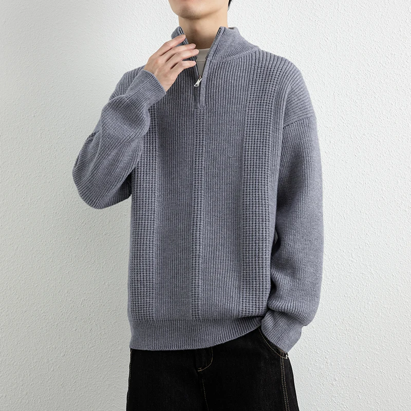 

Мужской вязаный свитер с высоким воротником на молнии, осенне-зимний, новый, однотонный, премиум-класса, легкий, базовый трикотажный джемпер