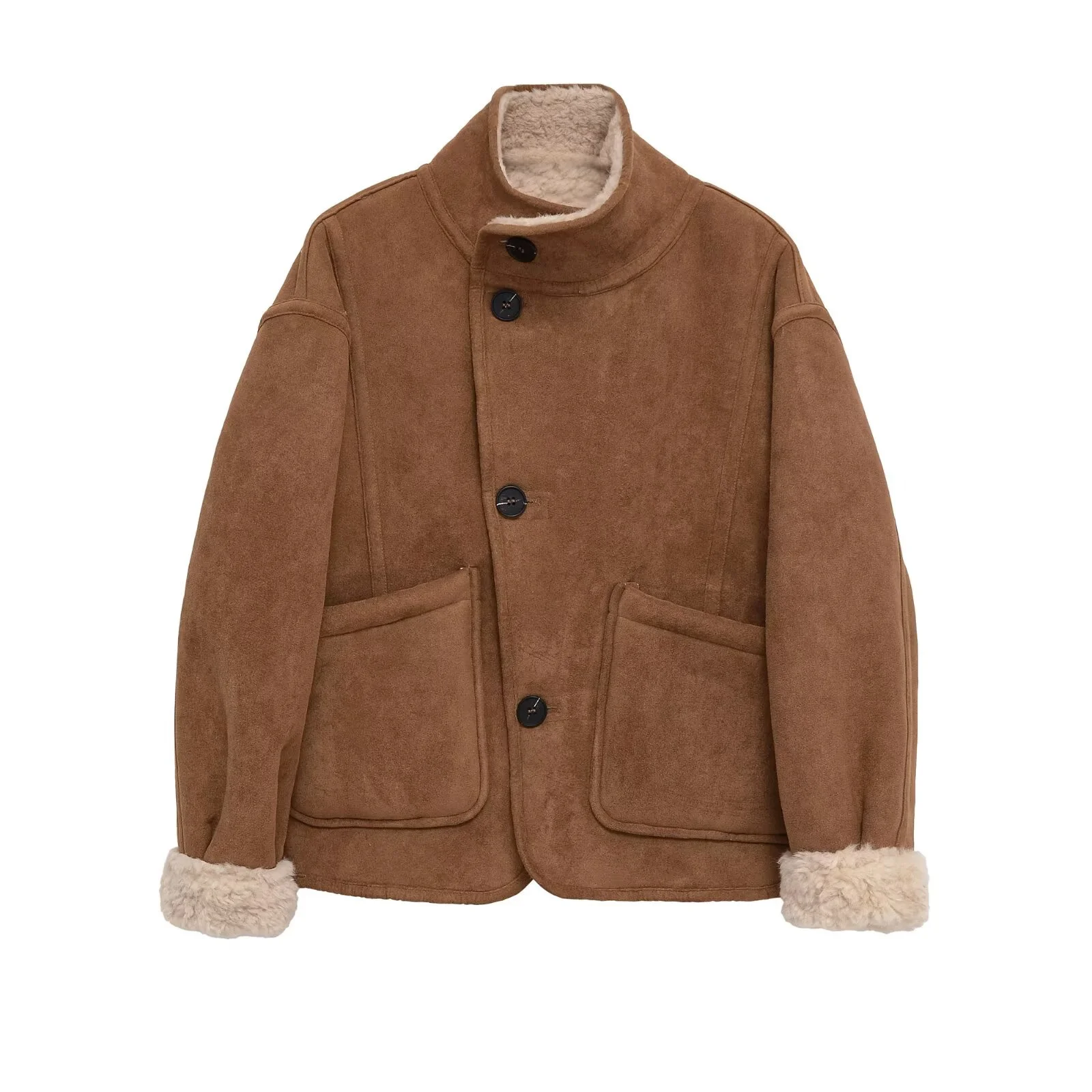 2025 Winter New Women's Casual Fashion Loose Versatile Reversible Soft Lambswool Jacket with Button-Down Design