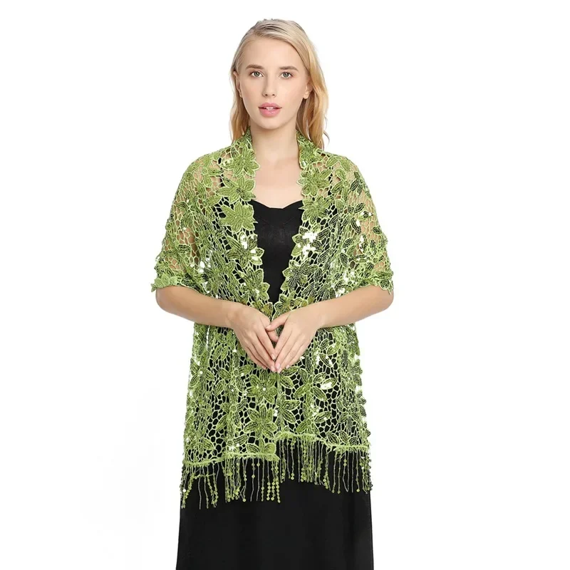 Spring Autumn New Sequin Tassel Shawl Cape European American Dinner Party Cheongsam Shawl High-end Shawl Woman Cloak Green