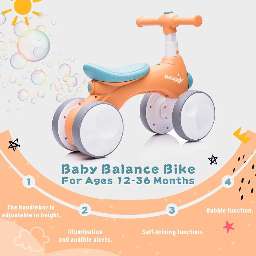 Baby Toddler Balance Bike with Bubble Machine for 1 Year Old 4 Wheels Balance Bike w/Bubble Maker Ride on Toys Headlight for Ag