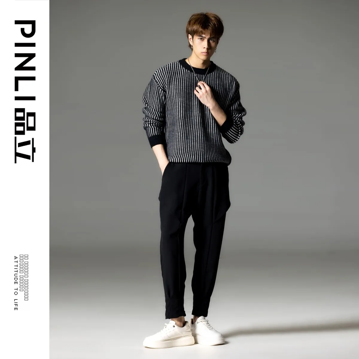 PINLI 남성 니트 스웨터 패셔너블한 스트라이프 컬러 블록 크루넥 겨울 신상품 울 혼방 캐주얼 라운드넥 스웨터