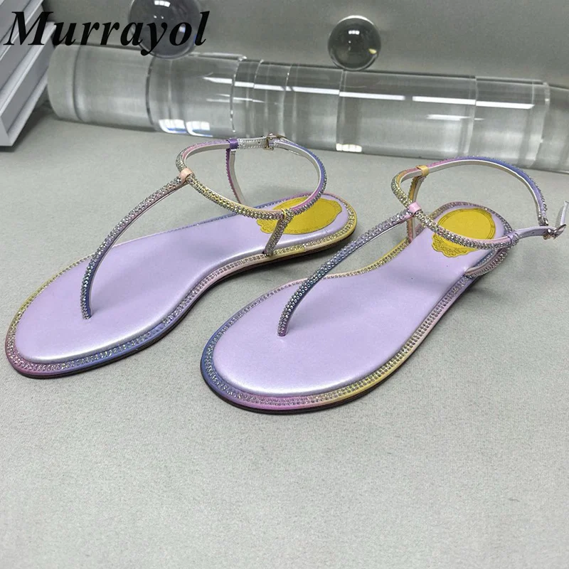 

New Pinch Toe Rhinestone Bordered Flat Sandals Women's One Strap Solid Color Sandalias Summer Vacation Sandy Beach Shoes