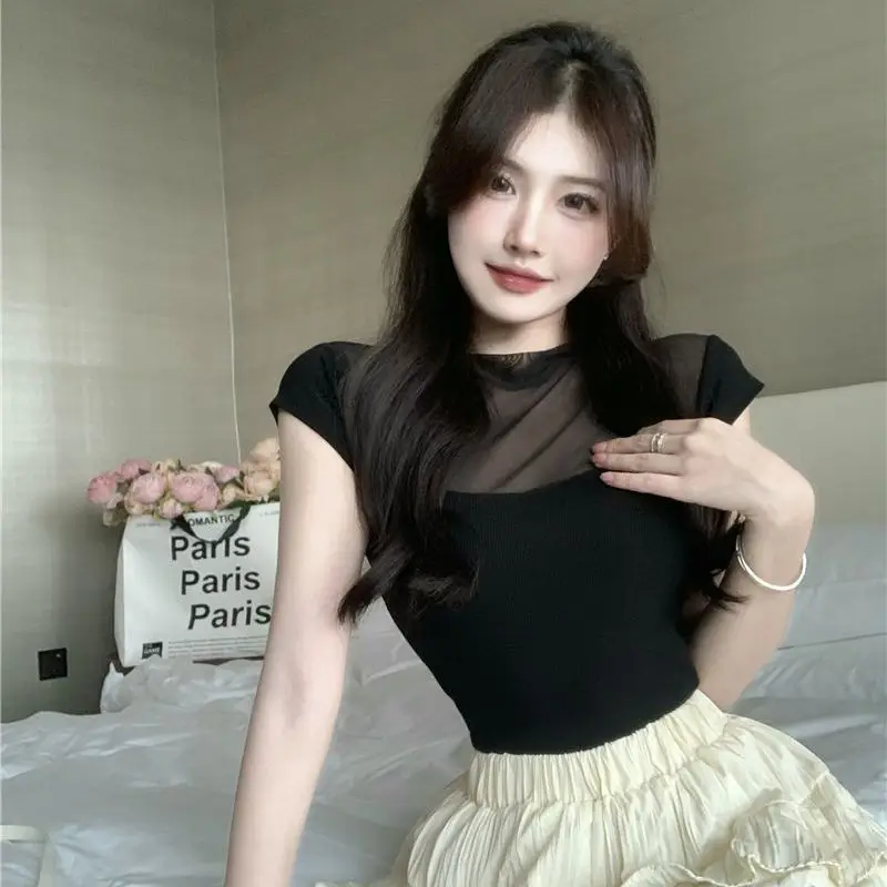 Women Summer Sexy Fashion Slim Solid Color Net Yarn Patchwork Short Sleeve T-Shirt Women Clothes Casual All-match Trend Top Tee