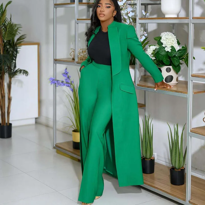 Vintage Elegant Formal Two Piece Set for Women Matching Sets Office Lady Business X-long Blazer Coat and Wide Leg Pant Suits