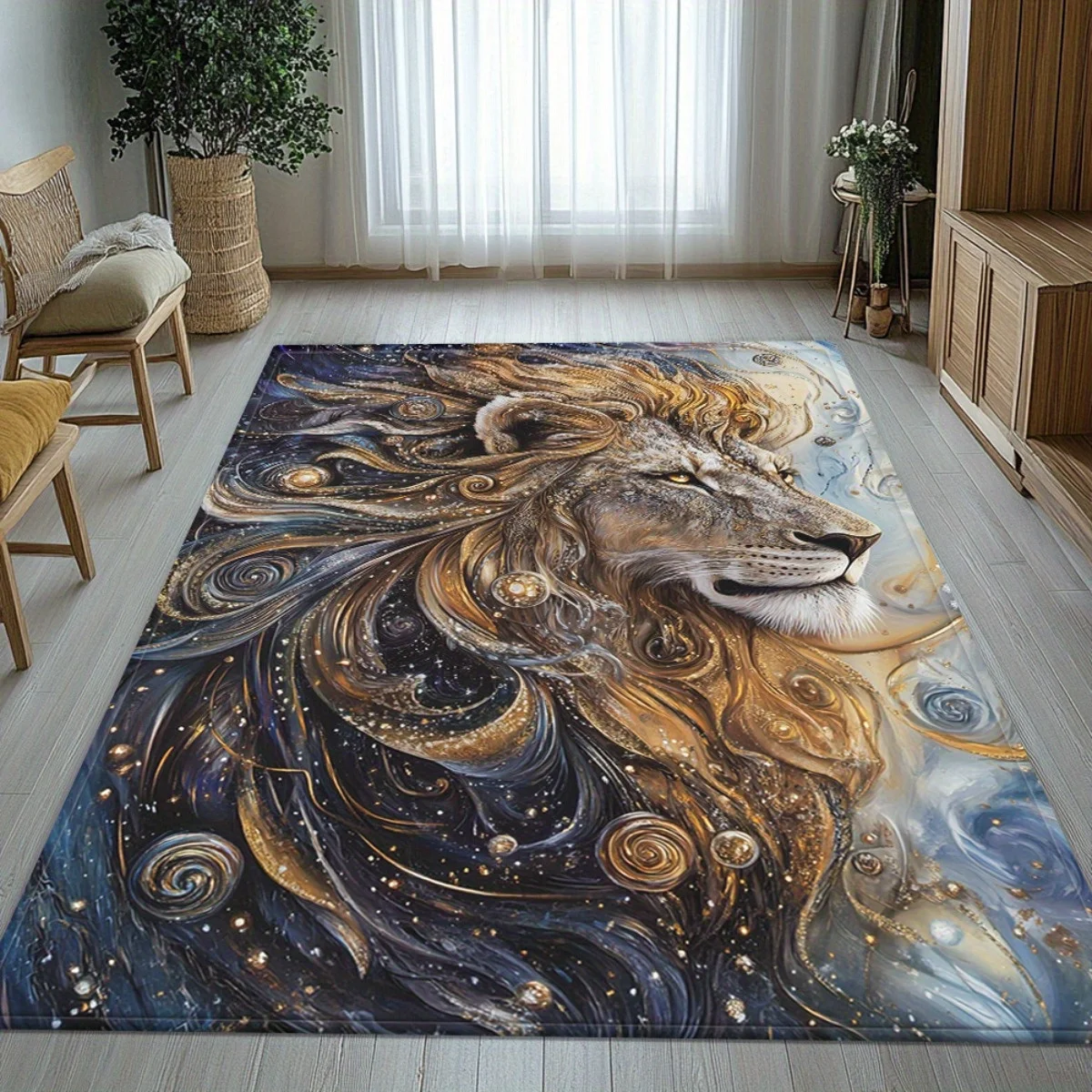 Majestic Lion Doormat, Galaxy Starry Entrance Rug, Golden Animal Floor Mat, Non-slip Living Room Carpet, Noble Home Decor