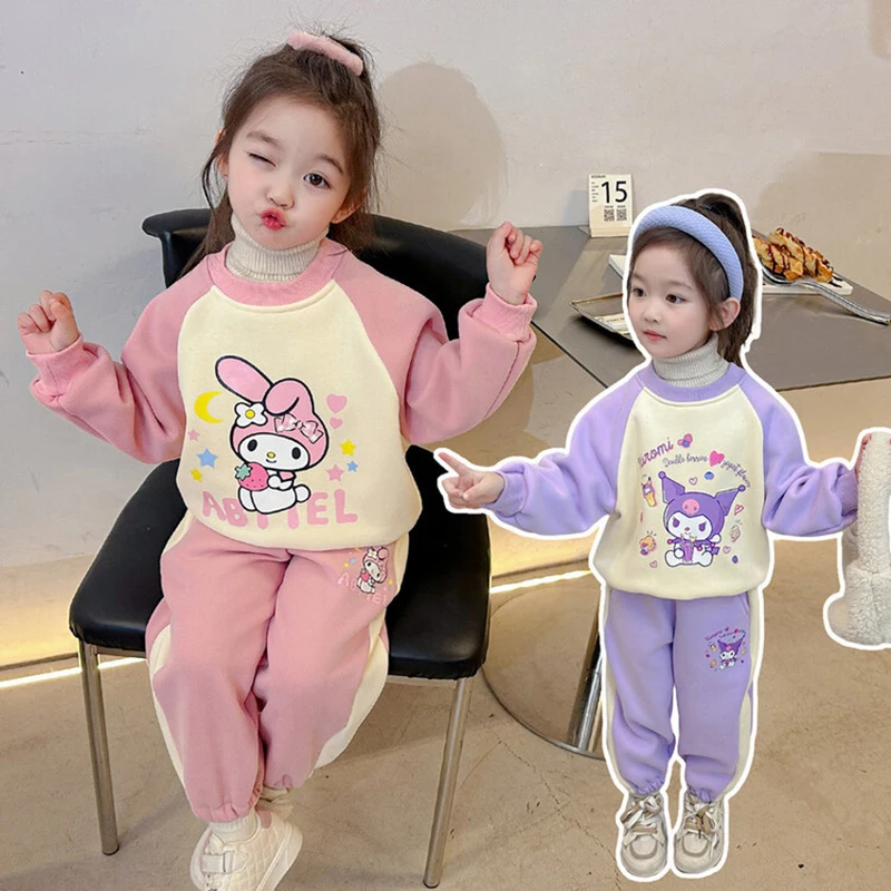 

Baby Girl Sanrio Kuromi Clothing Sets 2024 Autumn Winter Children My Melody Thicken Sweatshirt+Pants 2Pcs Tracksuit Kids Clothes