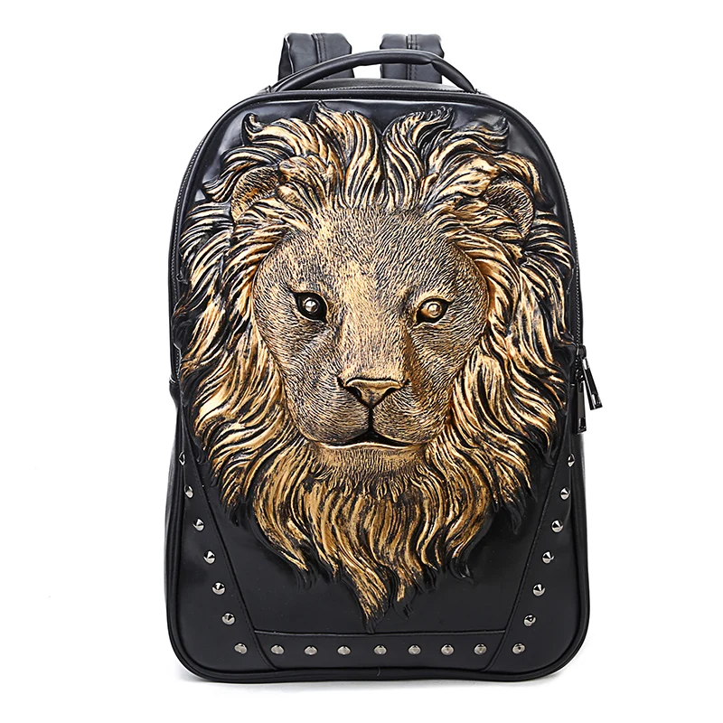 2024 New Street Trend Men Backpack Male 3D Stereo Lion Head Shoulder Bag Leather Portable Computer Bags Travel Backpacks Black