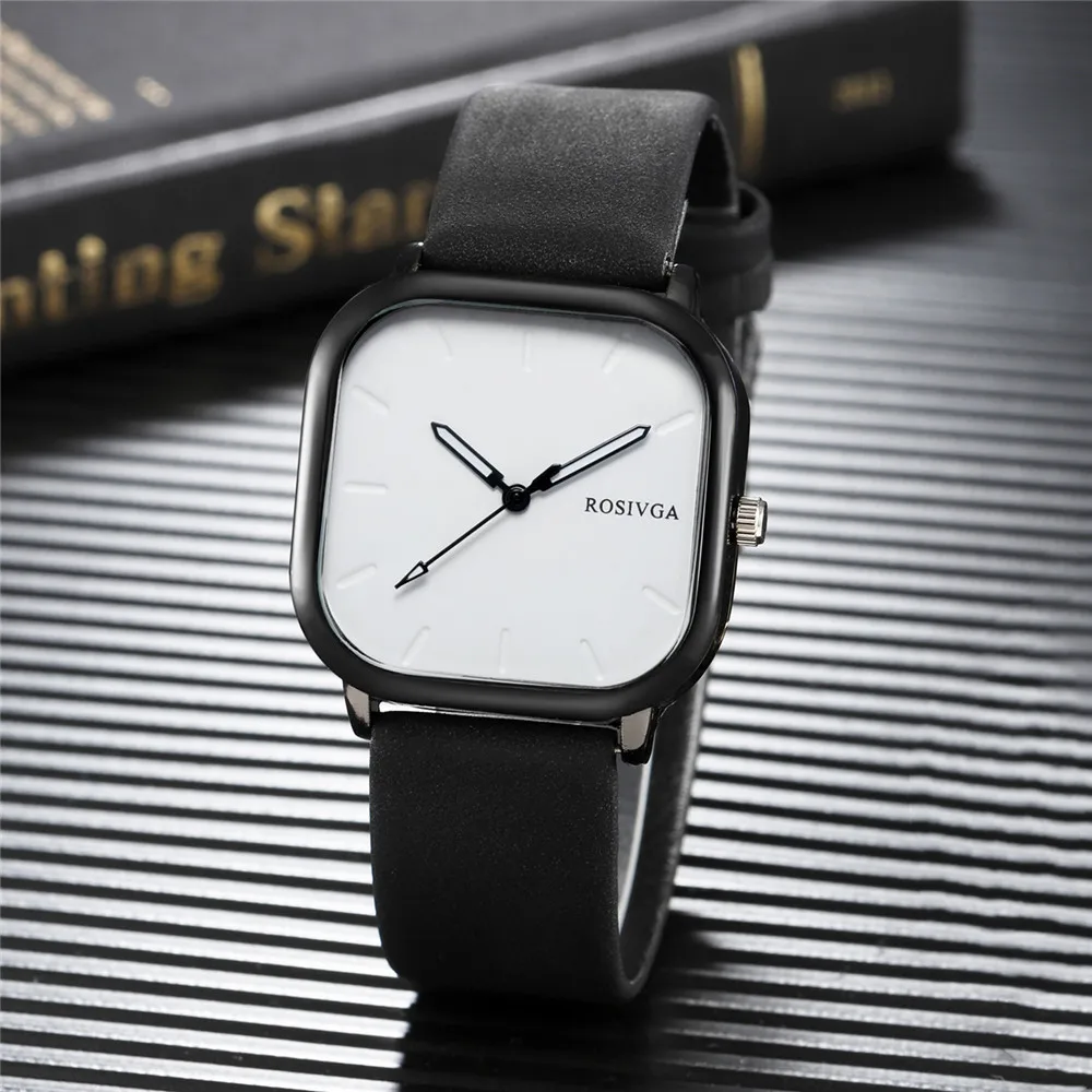 simple square dial PU leather quartz men business watch