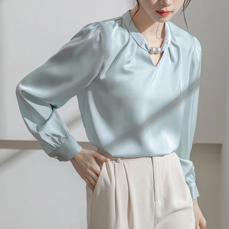 Loose Fit Chiffon Blouse for Women, French Collar Beaded Shirt, Spring/Summer 2024 New Arrival Office Lady Tops