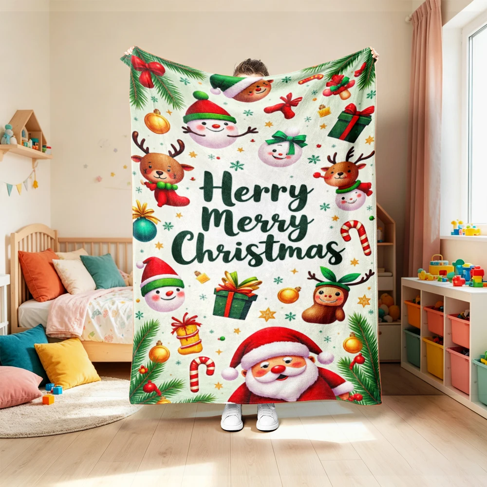 1Pc Flannel Blanket Christmas Theme Santa Claus Snowman And Elk Patterns Printed Blanket, Suitable for Office, Home,Holiday Gift view 5