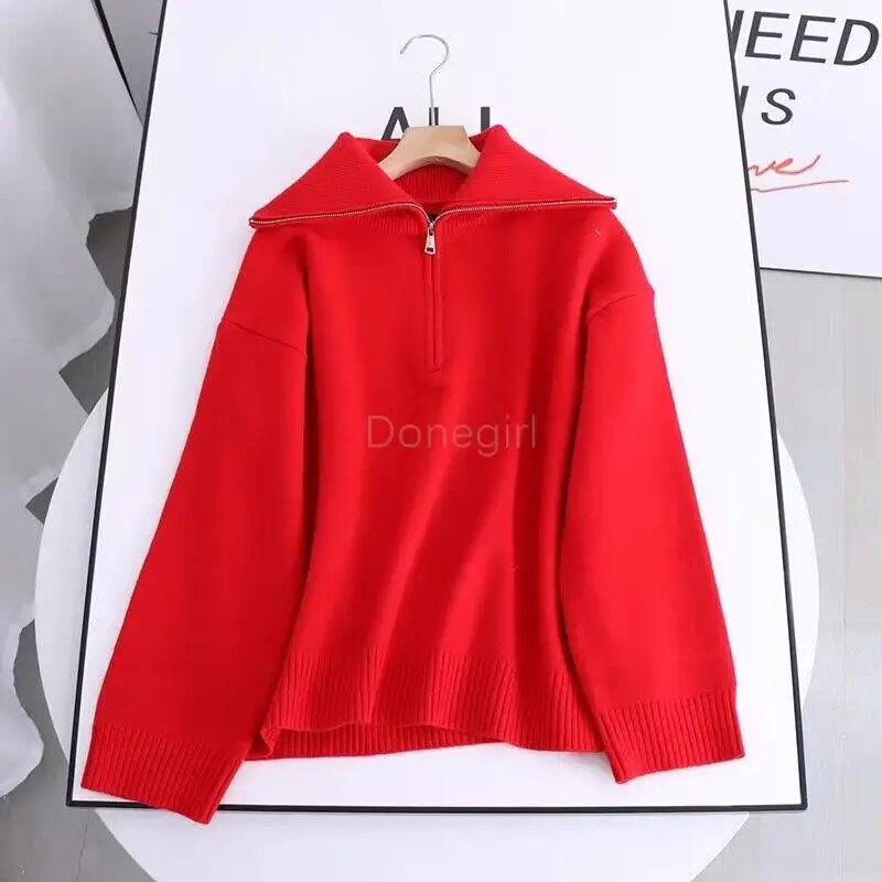 Donegirl 2023 Women Autumn New Fashion Lapel Half Zipper Knitted Sweater Solid Simple Casual Loose Pullovers Female Tops Chic