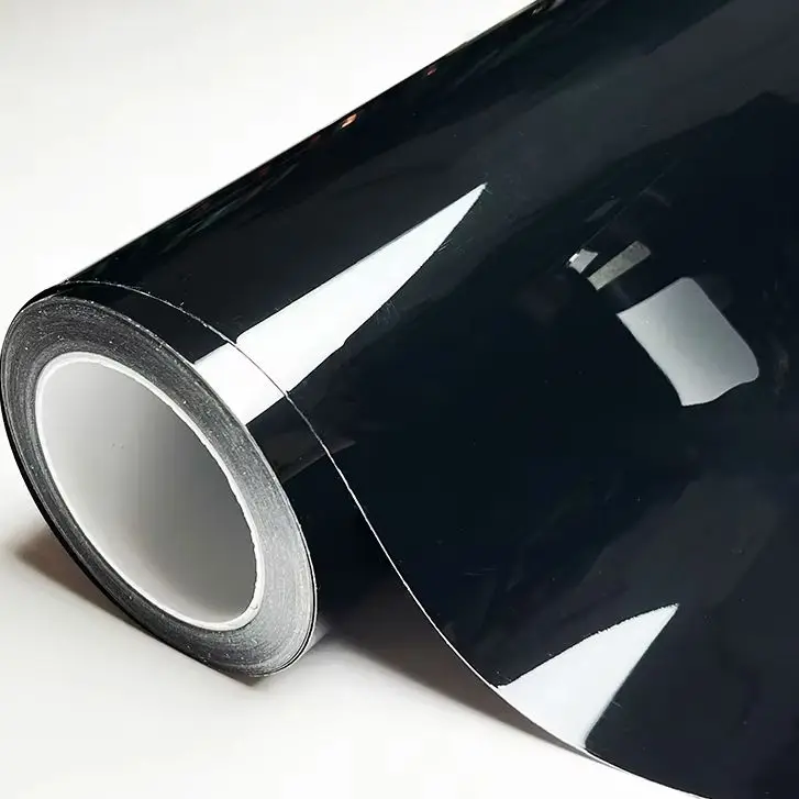 PET Ultra-Glänzende Klavierlack-Schwarz-Vinylfolie mit Luftkanälen, selbstklebend für Auto- und Motorradfolierung, DIY-Aufkleber