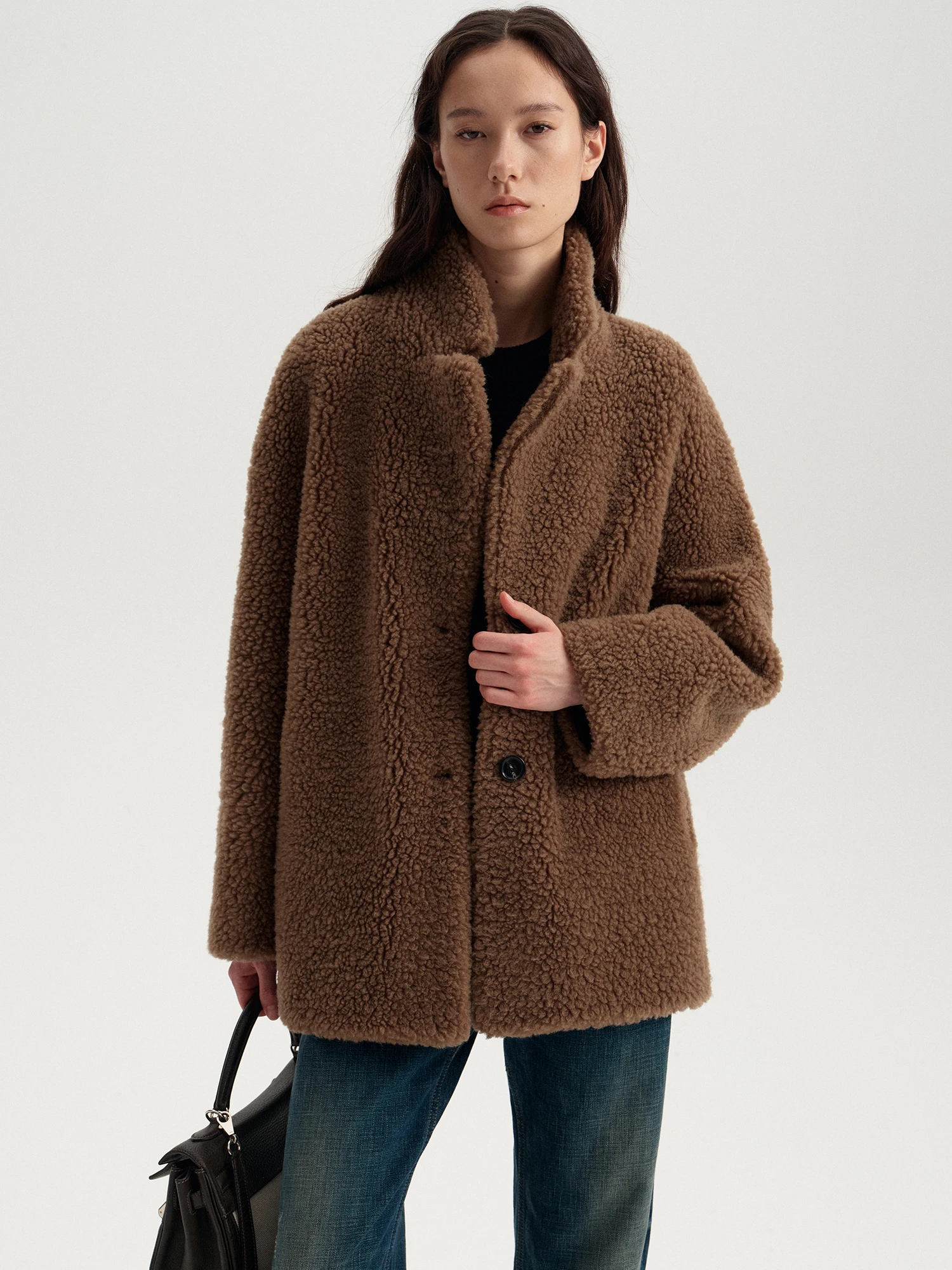 

Tfa Teddy Bear Winter Loose ape Lamb Fur Stand Collar Jaet Women's Casual Sle Long Sve Coat Stand Fit 00% Wool