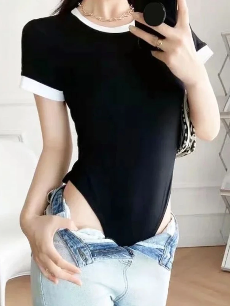 

Лоскутные боди с коротким рукавом, женские летние сексуальные модные облегающие корейские винтажные Y2k уличный стиль, универсальные простые Harajuku