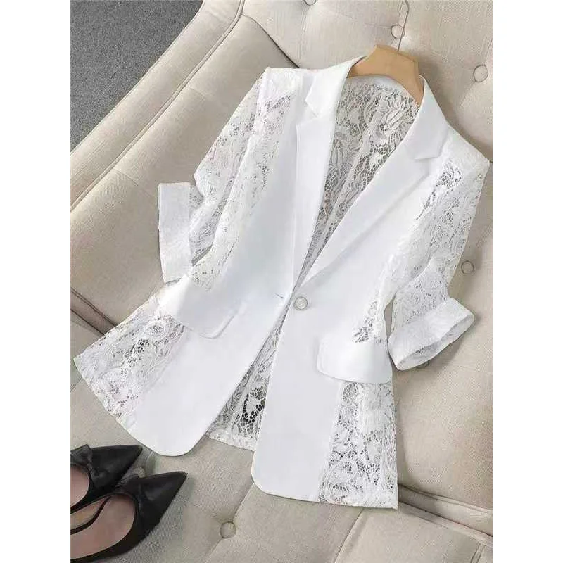 Customization Women's Solid White Sexy Lace Patchwork Blazer Jacket Lapel Half Sleeve Button Elegant Casual Streetwear Office Su