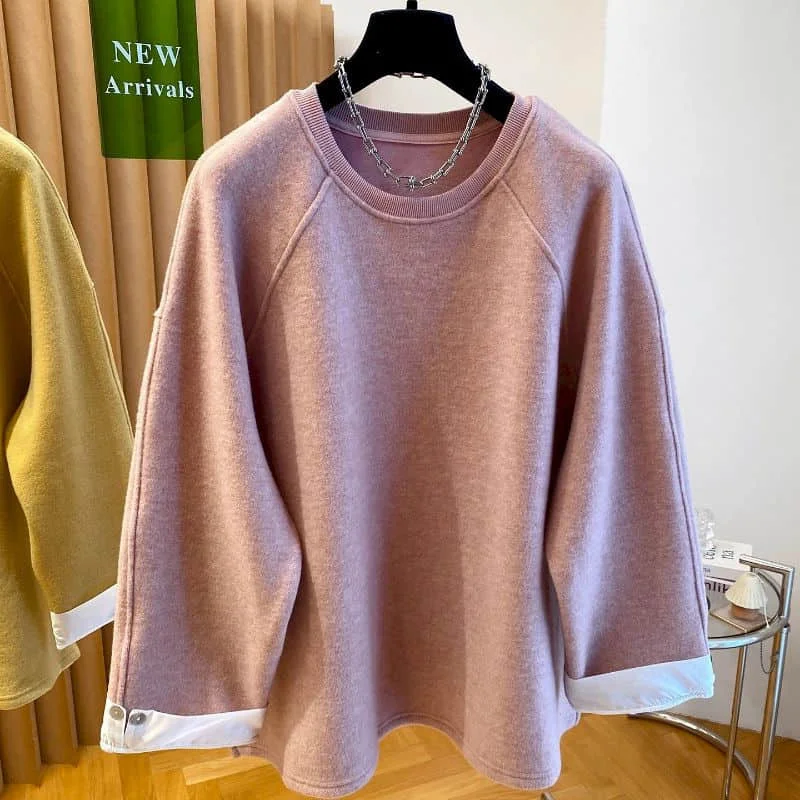 Brushed Sweatshirts Round Neck False Two-piece Tops Casual Korean Style Long Sleeve Thick Tops 2026 Autumn Winter Women Clothes