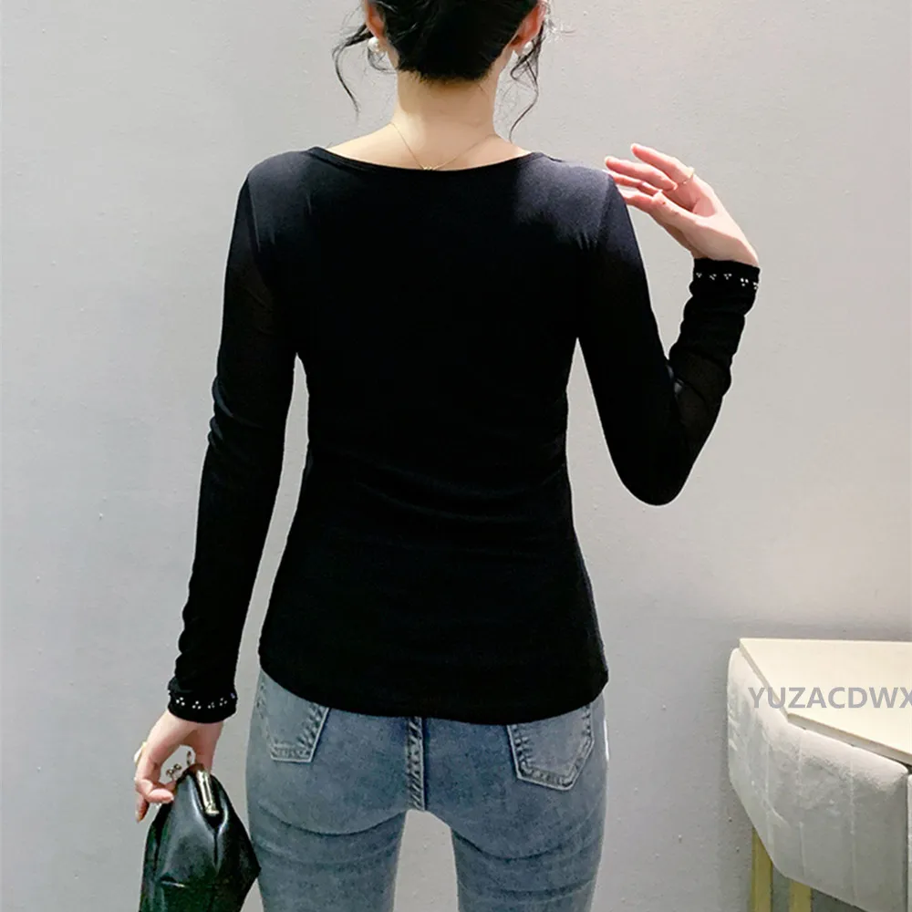 2024 Autumn Women T Shirt New Fashion Round Neck Slim Mesh Tops Long Sleeve Cross Hollow hot Diamond Casual Tees