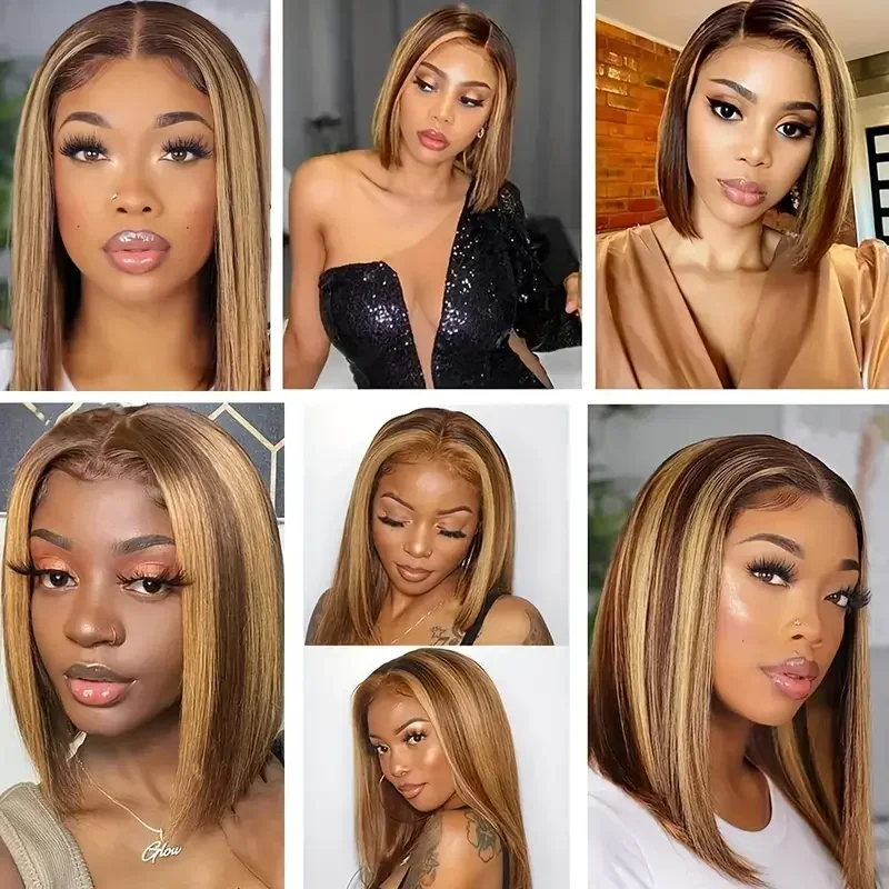 Perruque Lace Closure Wig Naturelle Lisse, Cheveux Humains, Transparent, Sans Colle, 6x6, Ombrée, Highlight, Bob, pour Femme