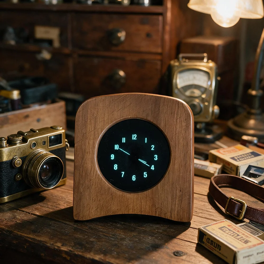 Mini Creative Desktop Clock Pointer-type 5V Vacuum Fluorescent Display Screen WIFI Clock Retro Aluminum Alloy / Wood Grain Shell