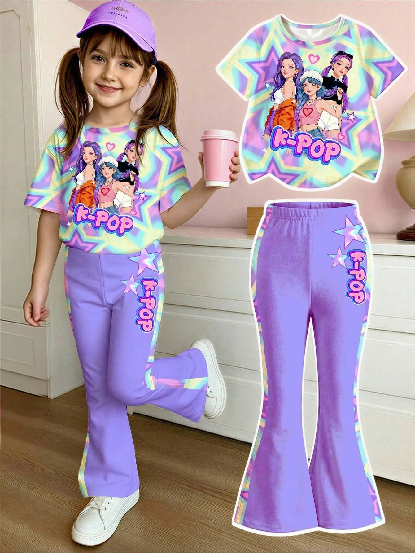 Girls K-Pop 2Pcs Outfit Set Rainbow Star Print Short Sleeve T-Shirt + Purple Star Flare Pants Soft Kids Casual Daily Clothes