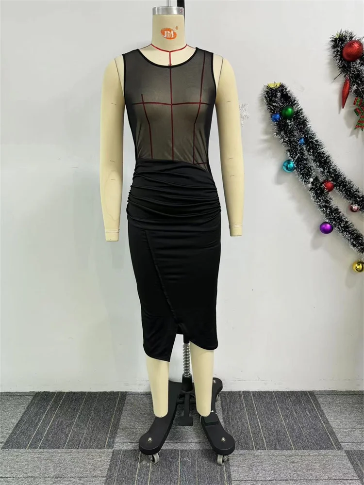 Wmstar 2024 Women Sexy Sleeveless Mid-waist See through Dresses Splicing Slit Black Nightclub Party Dress Wholesale Dropshipping