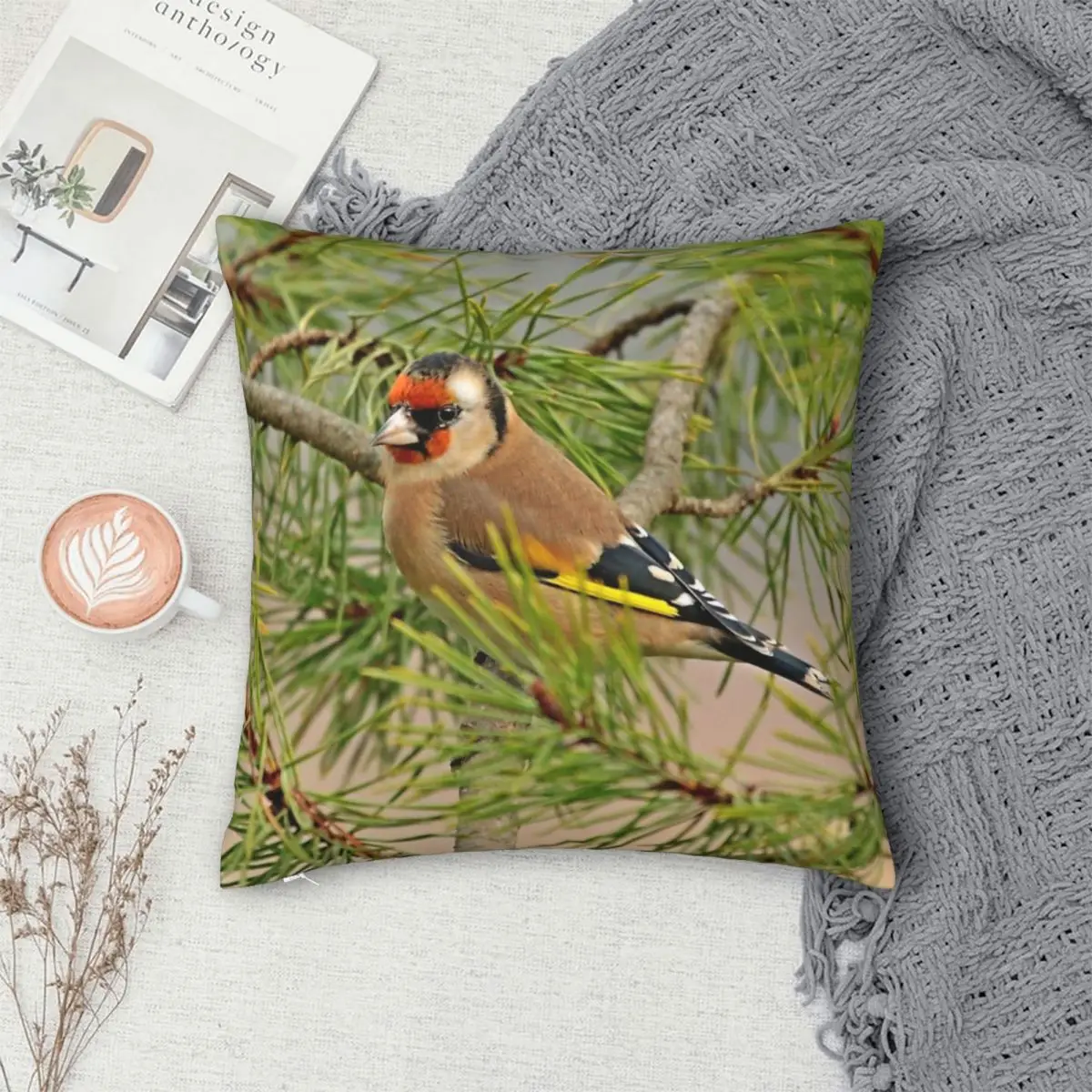 European Goldfinch Perched On Branch Pillowcase Polyester Linen Velvet Pattern Zip Decor Pillow Case Room Cushion Cover