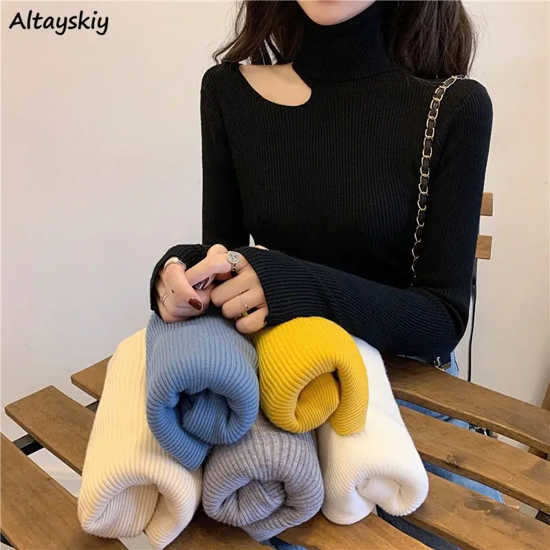 

Pullovers Women Turtle Neck Solid Color Long Sleeve Spring Hollow Out Slim Korean Fashion Elegant All-match Stretchy Tops Chic