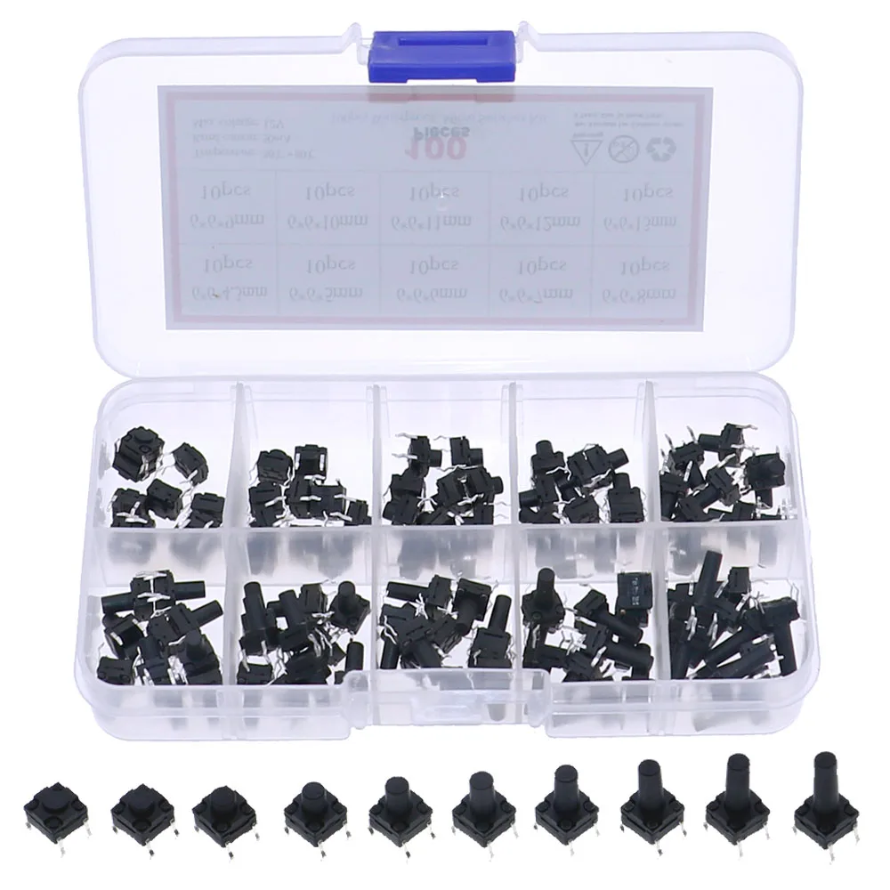 100pcs /lot 10value 6x6 Waterproof Tact Switch TV Induction Cooker Button Copper Foot Dustproof Micro Switch Assortment DIY Kit