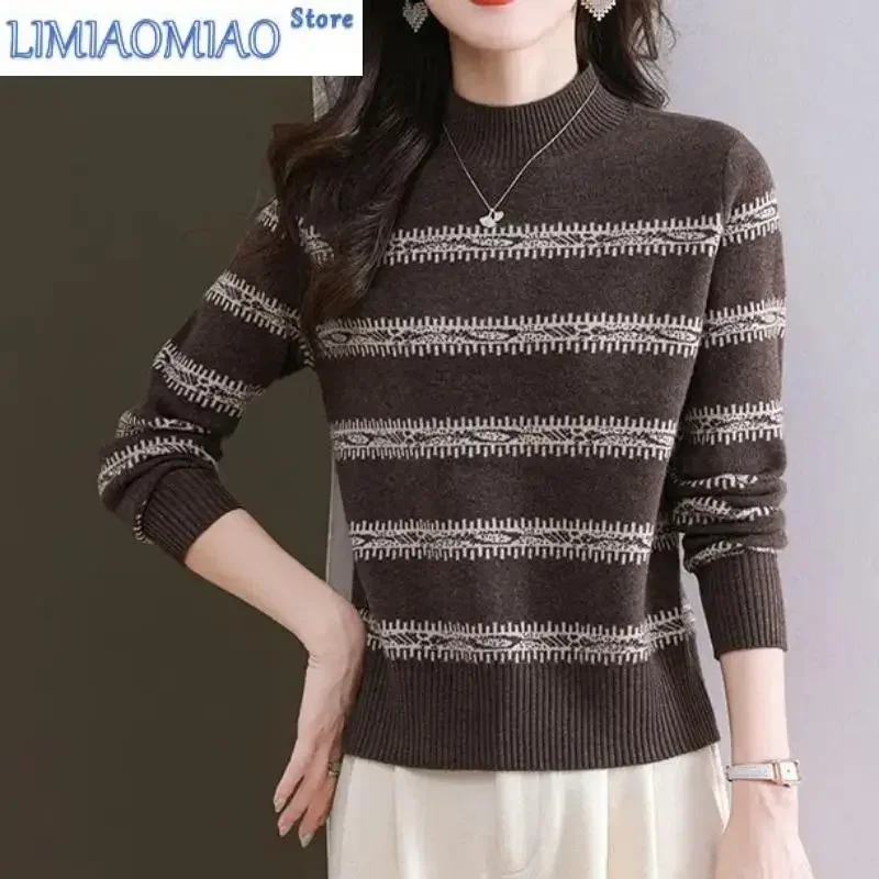 

Autumn Winter Round Neck Contrast Color Women's Clothing Pullover Striped Long Sleeve Sweater Knitted Elegant Korean Tops