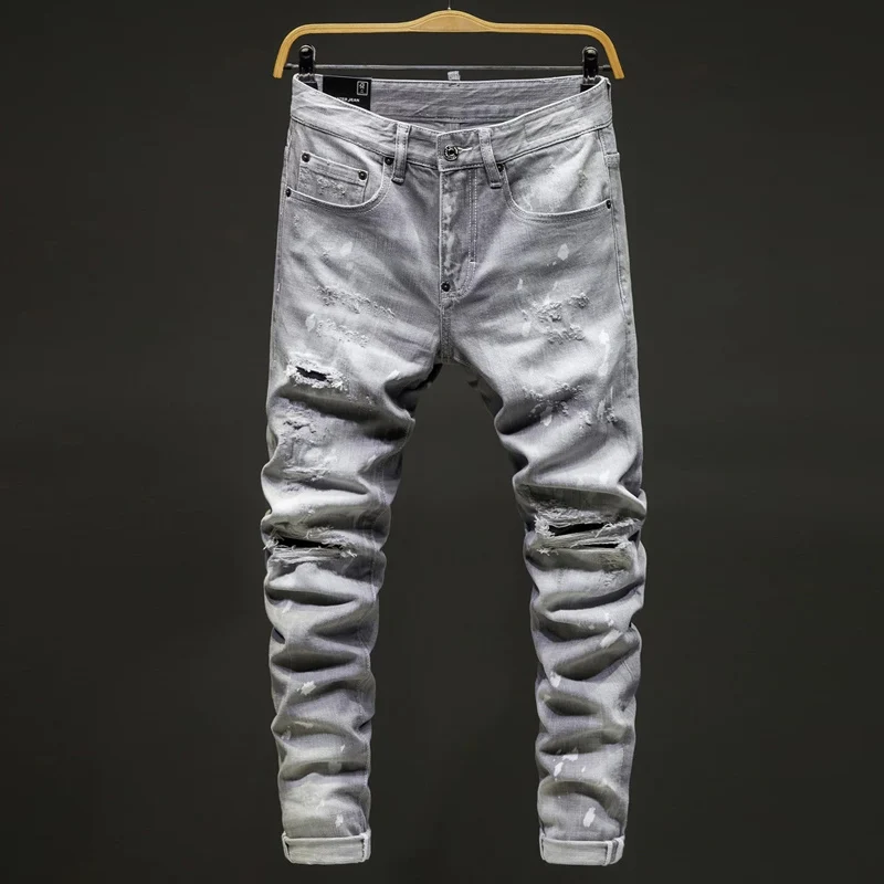 Men Silver‑Grey Marble Washed Slight Ripped Scratch Texture Stretch Skinny Denim Jeans Hip‑Hop Streetwear Denim Jeans y2k