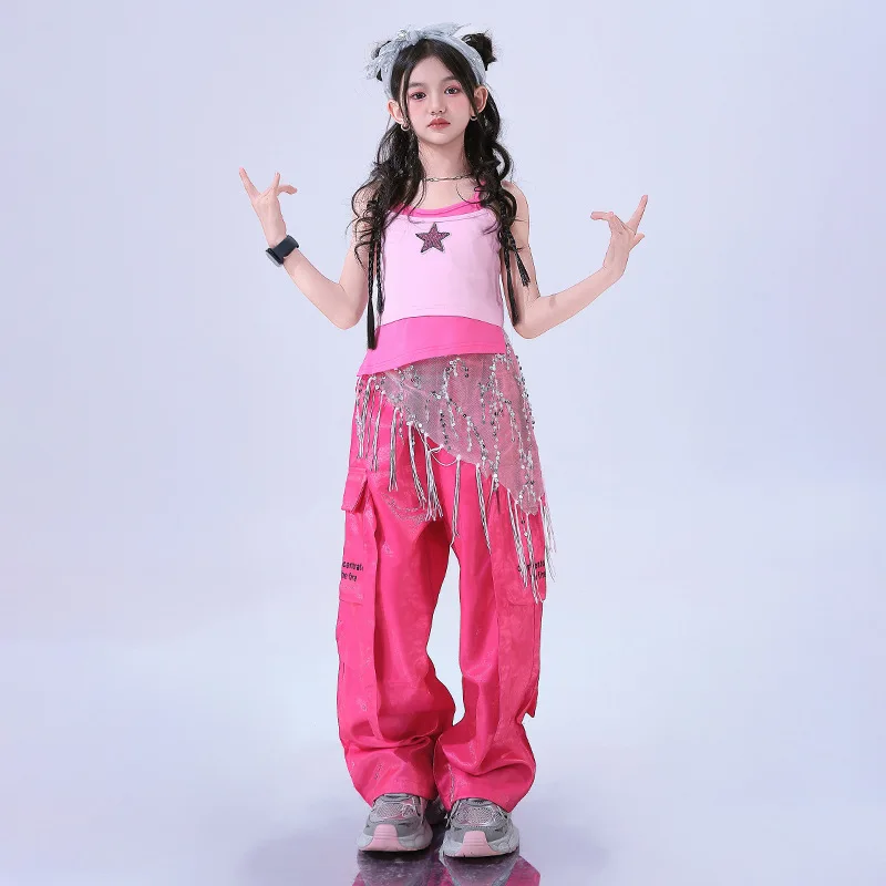 Hip Hop Kids Pink five-star vest Street Dance Cargo Pants Girls Streetwear Children Jazz Costume Stage Shorts Clothes Set