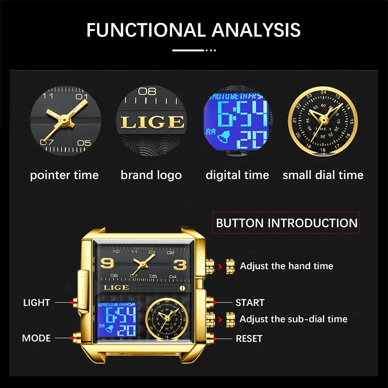 LIGE New Top Brand Luxury Fashion Men Watches Gold Steel Sports Square Digital Analog Big Quartz Watch for Man relogio masculino