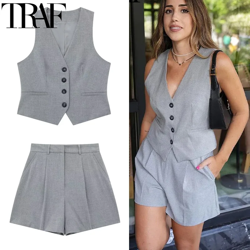 TRAF Two Piece Suit Woman Shorts Sets Sleeveless Women\'s Formal Vest Top Pleated Grey Casual Shorts Sets Women 2 Piece Outfit