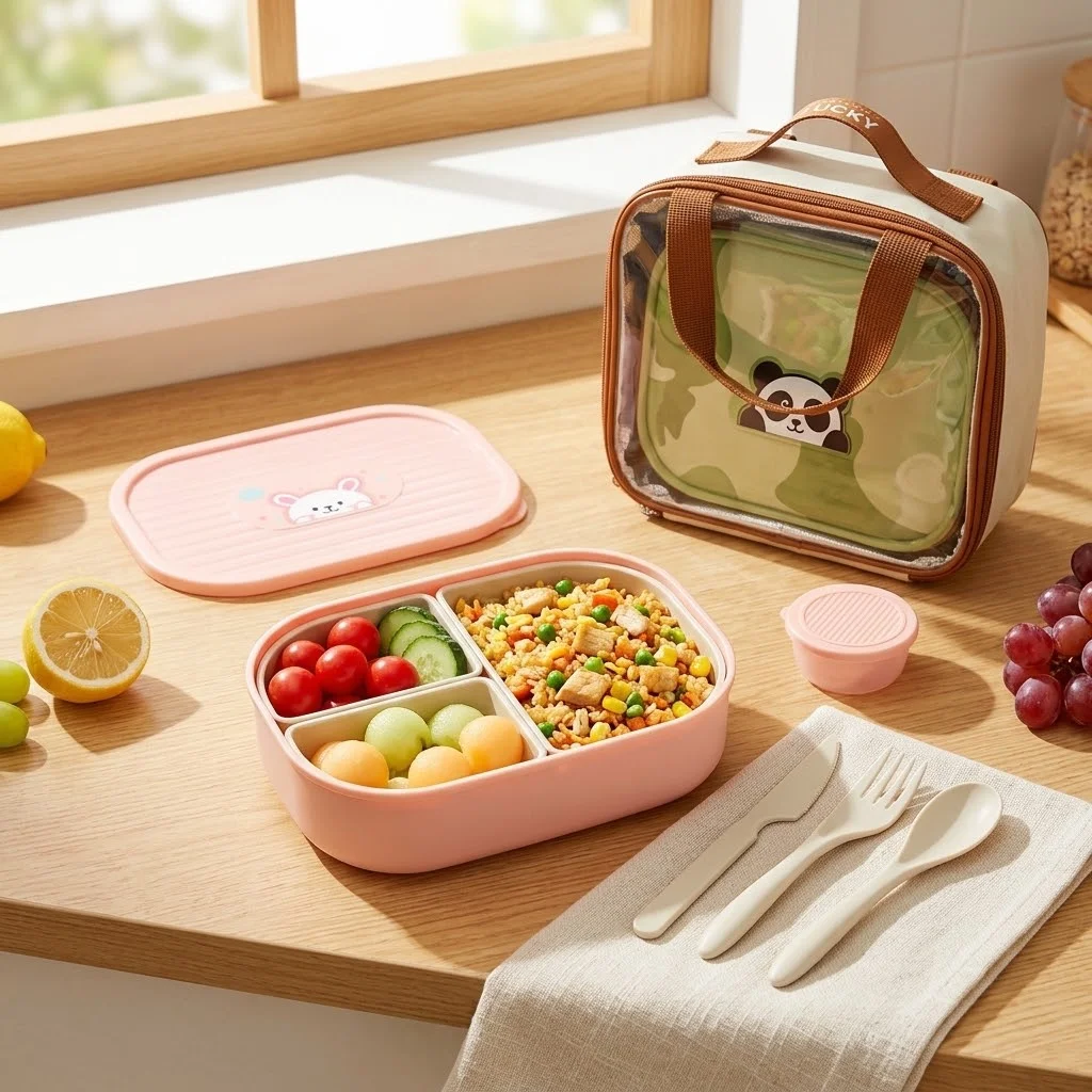 Cute Kids Bento Box for School Office 3 Compartment Plastic Lunch Box Microwavable Divided Meal Prep Food Storage Containers