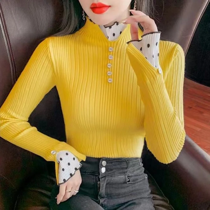

Autumn Winter Slim Lace Patchwork Dot Temperament Pullovers Top Long Sleeve Solid Elegant Knitted Sweaters Fashion High Street