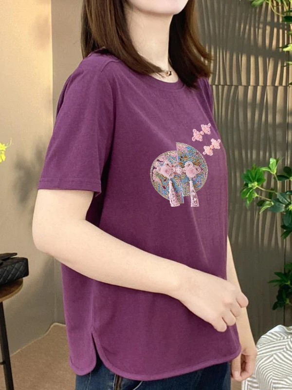 

High-End Mommy Summer Print Short Sleeve T-Shirt Women Loose Slimming Youthful Fashionable Top Casual Standard Fit Polyester ...