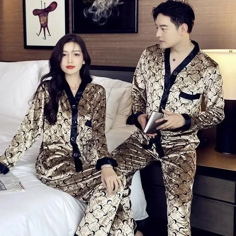 New Couple Pajamas Spring Autumn Men Gold Velvet Loungewear Women Thin Models Sleepwear Set Winter V-neck Loose Homewear Suit