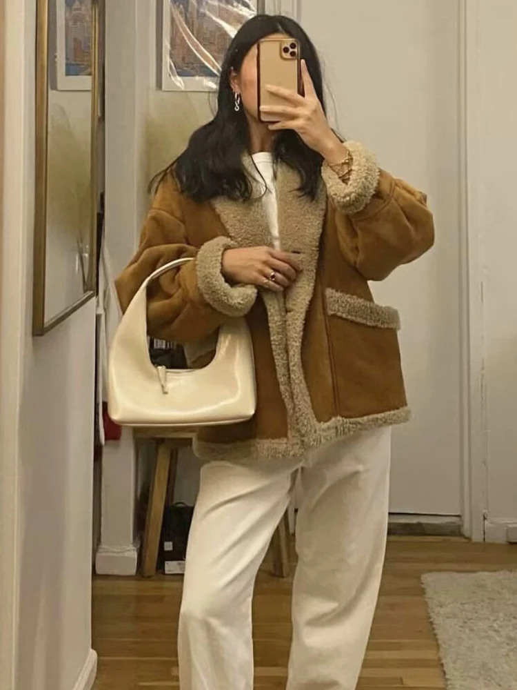 

HH 2025 модная женская лоскутная куртка из овечьей шерсти, винтажная женская свободная уличная одежда с отложным воротником, женское толстое пальто