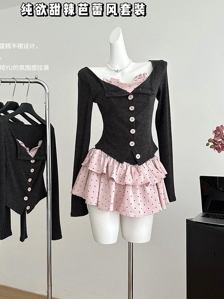 Fall Winter Women Coquette Kpop Gyaru Ballet Core Outfits 2 Piece Set Long Sleeve Tops + Mini Polka Dot Skirts Shoujo Cute Y2k