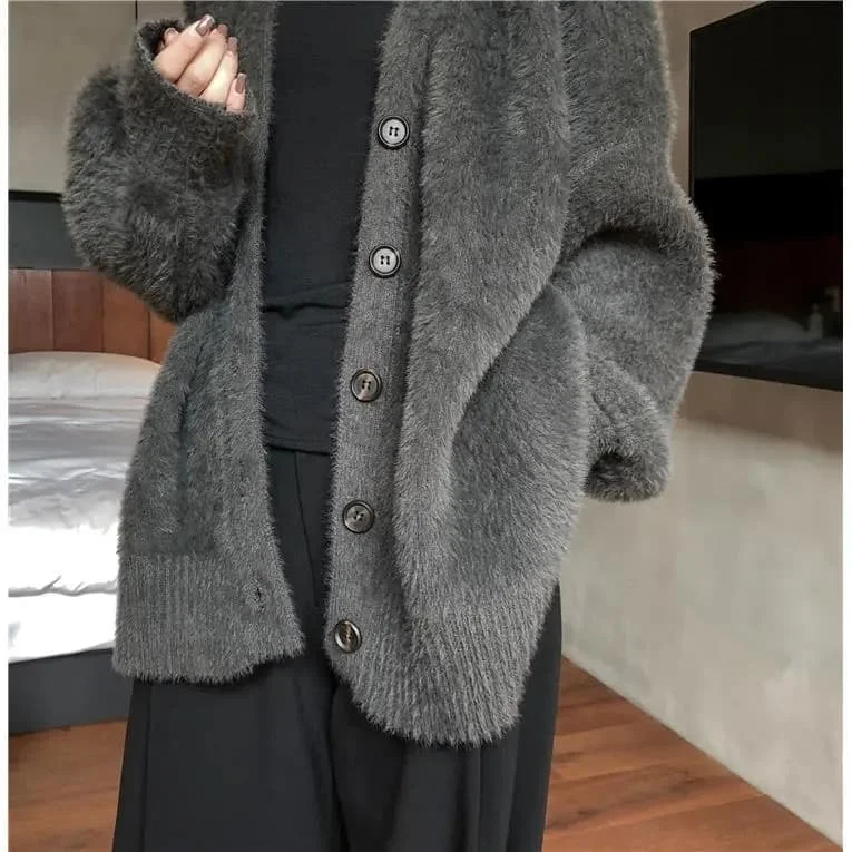 ay كسول Sle محبوك سترة المرأة Thiened الخريف الشتاء وهمية المنك V-ne سترة مفتوحة محبوك أعلى Faionable تخفيف #3