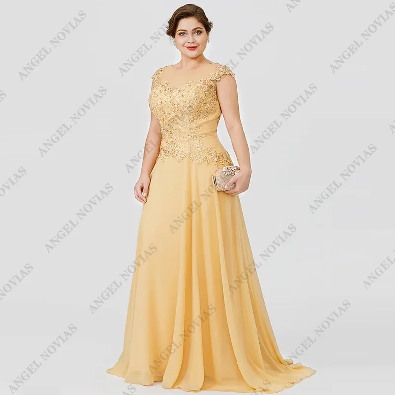 A-Line Mother of the Bride Dress Wedding Guest Elegant Plus Size Illusion Neck Sweep Chiffon Beaded Lace Formal Dresses 2024