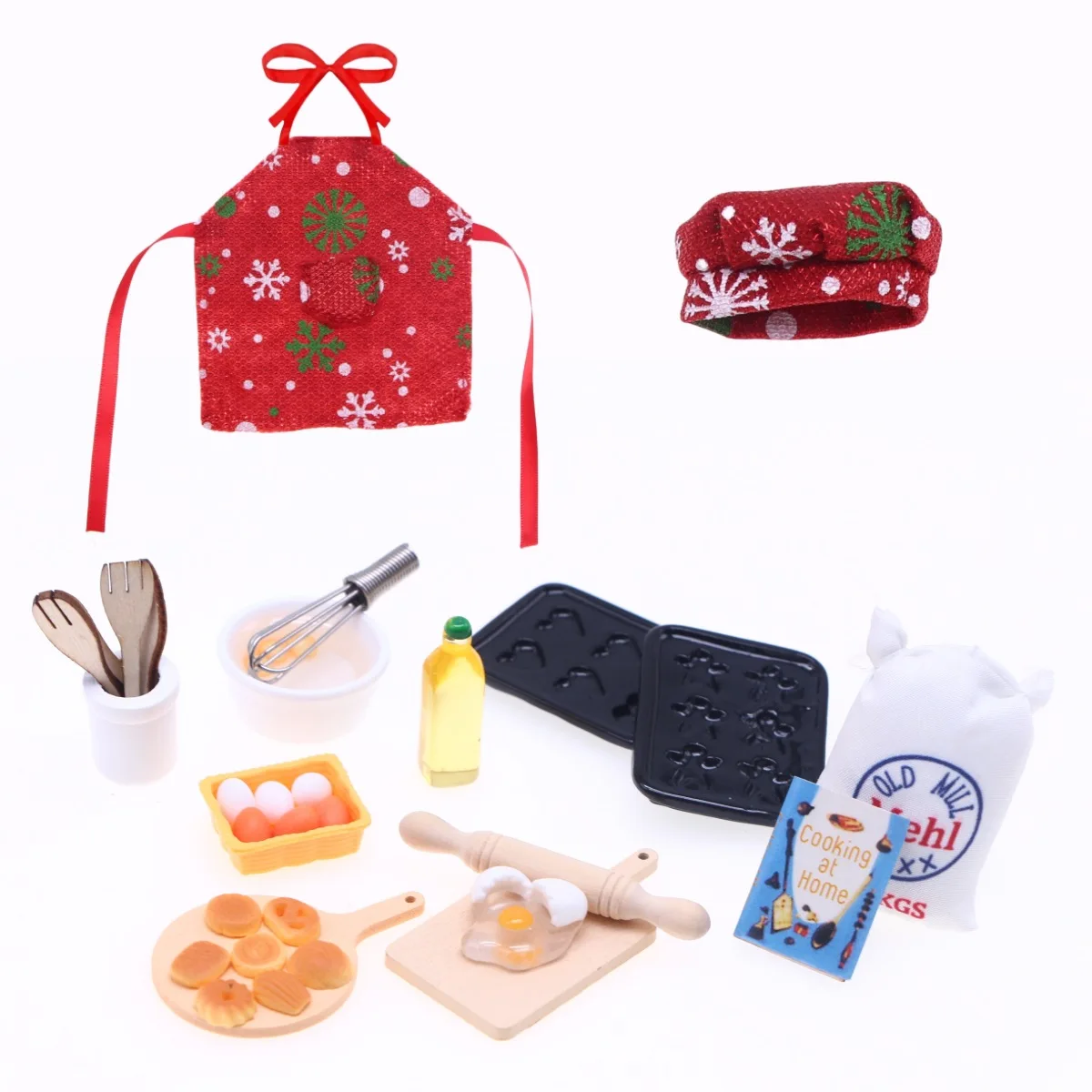 مجموعة إكسسوارات دمية عيد الميلاد دمية قزم ، زي خباز مصغر ، مريلة ، قبعات طاه ، دبوس لف ، مخفقة بيض ، صينية بسكويت ، لعبة أطفال