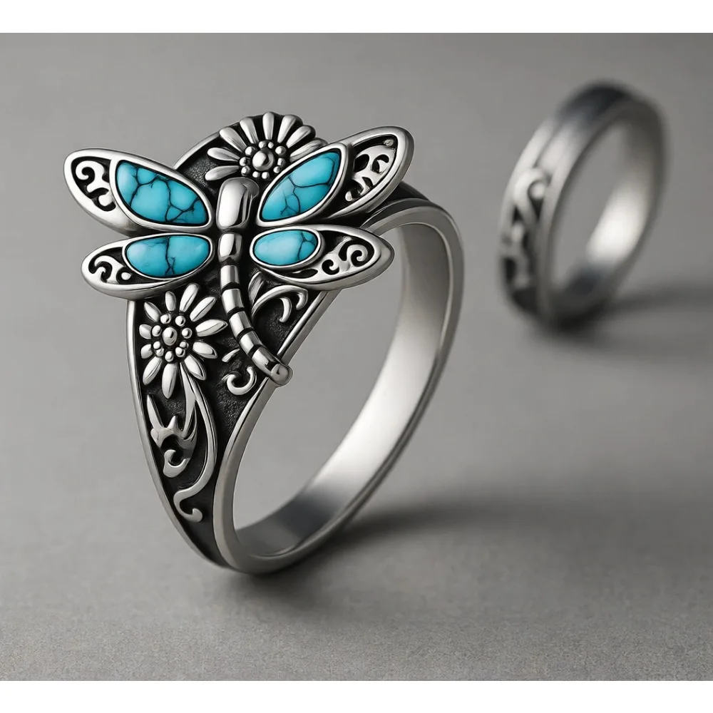 Anillo vintage de plata de ley 925 con diseño de libélula y turquesa, estilo bohemio floral con girasol, oxidado, estilo antiguo, regalo para mujer