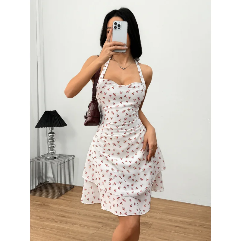 

2025Spring Summer New Women's Sexy Halter Neck Strap Dress Floral PrintminiLotus Leaf Short Skirt