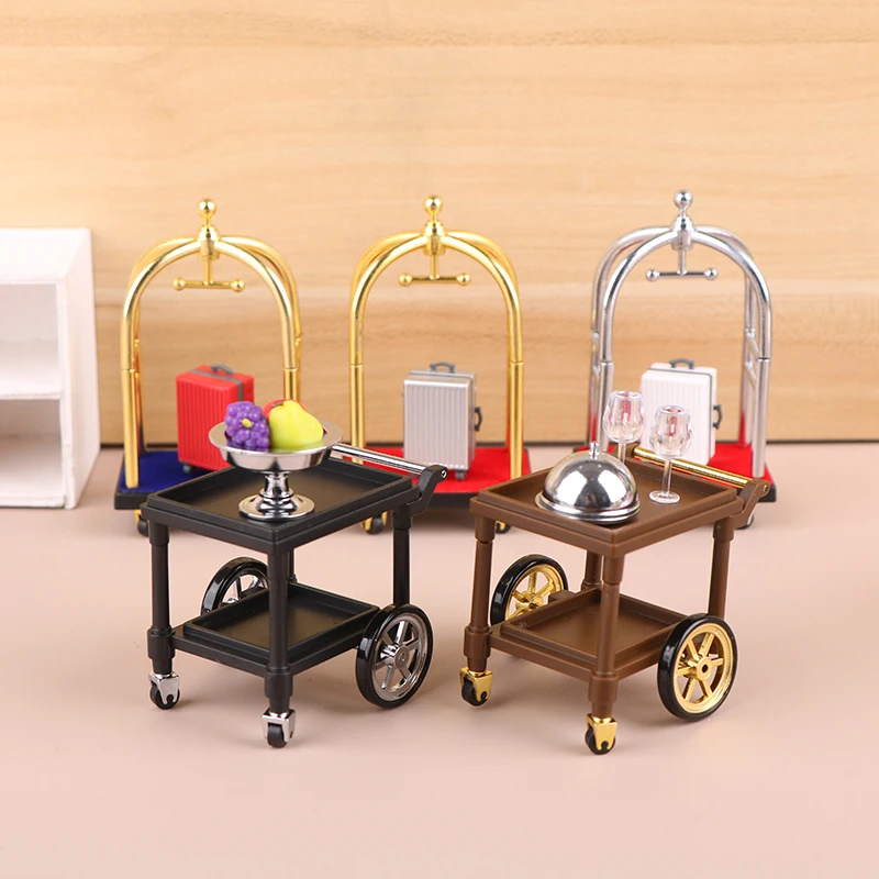 1:12 Dollhouse Miniature Star Hotels Food Delivery Car Luggage Cart Trolley Dining Cart With Wheel Assembly Model DIY Scene Toy