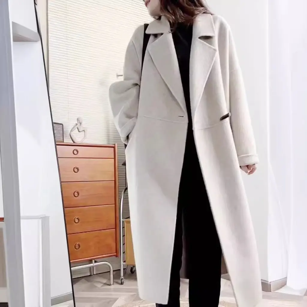 

Women's Double-Sided Wool Coat Long Korean Style Loose Fit Autumn Winter Edinburgh Coat with Horn Buckle