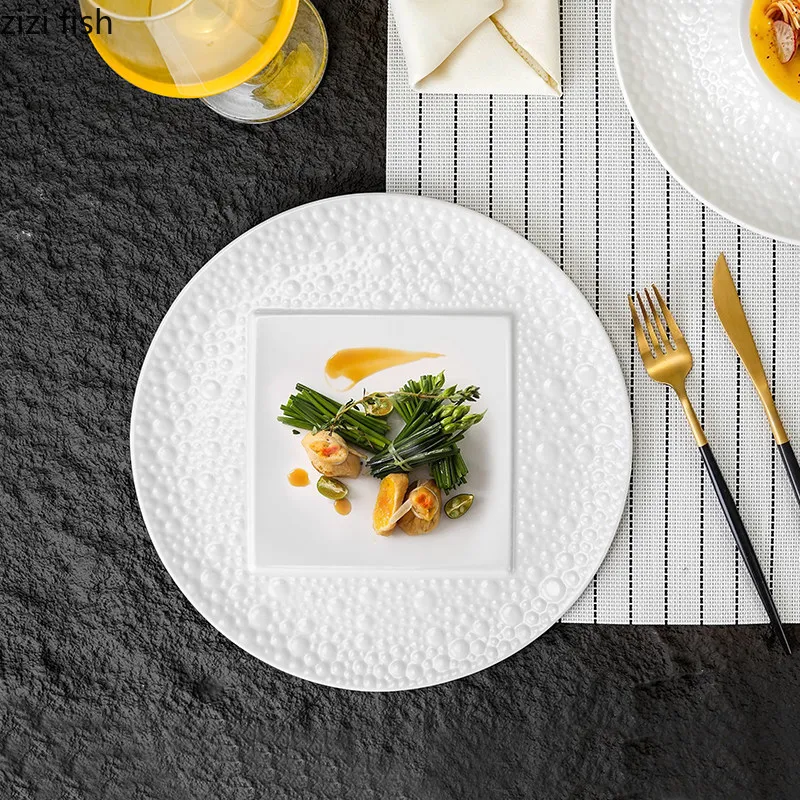 

Relief Pearl Dot Ceramic Plate White Round Steak Plate Pasta Dish Dessert Snack Plate Serving Plates Restaurant Tableware