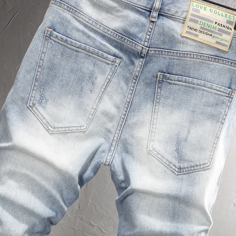 High Street Fashion Men Jeans Retro Light Blue Elastic Stretch Skinny Ripped Jeans Men Patch Designer Hip Hop Denim Pants Hombre