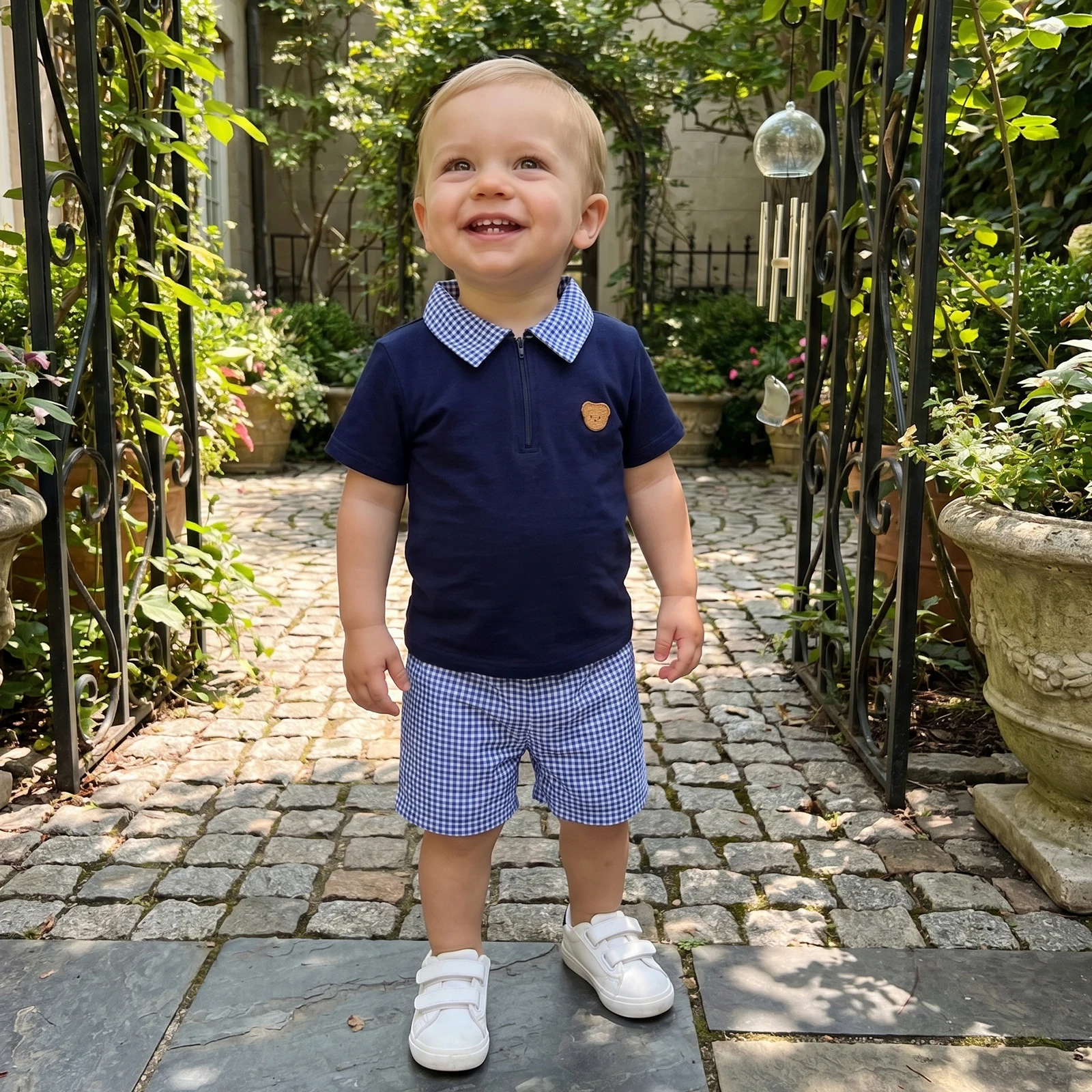 2Pcs Toddler Boy Summer Outfits Short Sleeve Lapel Neck Bear Embroidery Tops and Elastic Waist Plaid Print Shorts Set