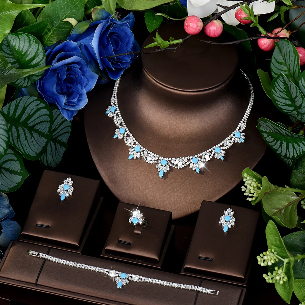 HIBRIDE 4 قطعة مجموعة مجوهرات رومانسية زرقاء عتيقة قلادة للسيدات أقراط خاتم حفلة موسيقية هدية الزفاف الزفاف S-784 #2